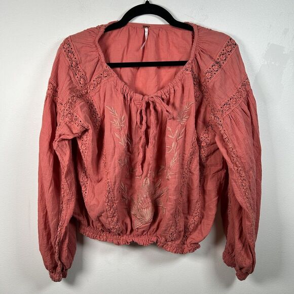 Free People Maria Blouse Pink Embroidered Peasant Shirt XS Blouse - Picture 2 of 8